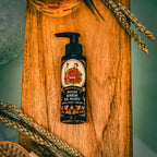 Skincare product with a label on a wooden board with natural elements